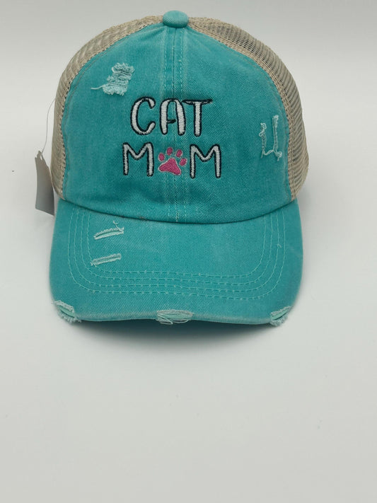 Cute cat mom Ponytail distressed trucker hat